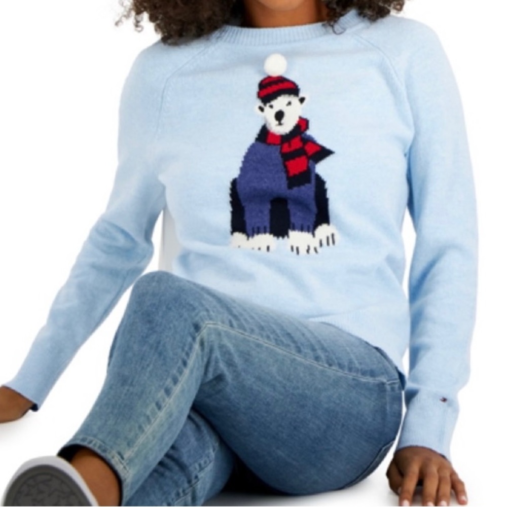 Tommy Hilfiger Women's Blue Polar-Bear Graphic Crewneck Sweater🐻‍❄️🧣❤️💙